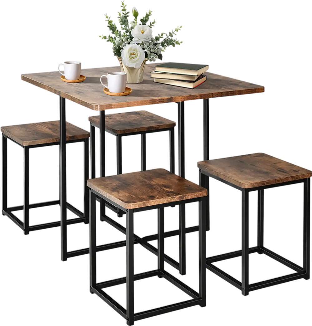 5-piece metal frame dining set featuring a walnut table and 4 stools, perfect for compact spaces and easy cleaning.