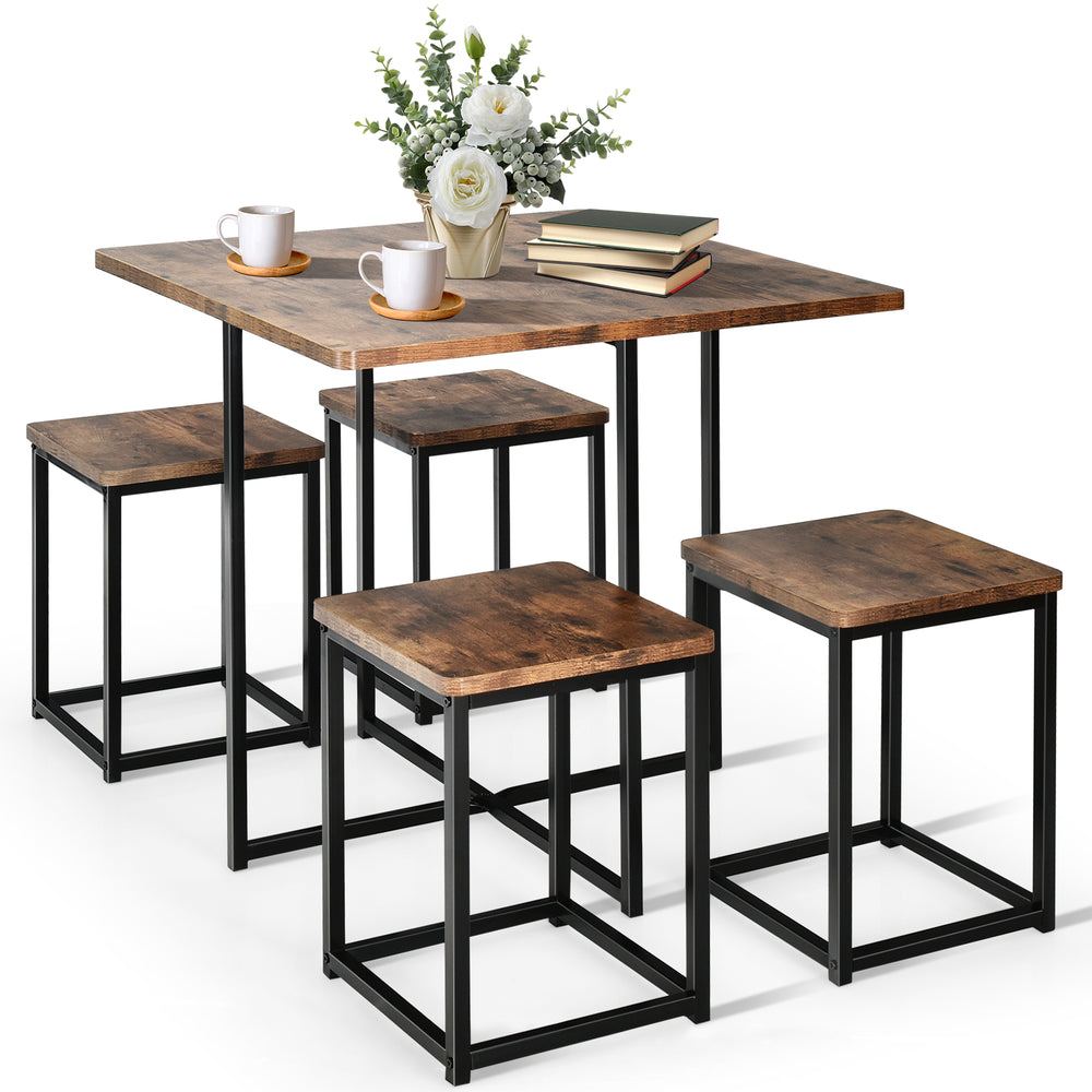 Compact 5-piece dining set featuring a walnut table and 4 stools, perfect for apartments and cafes.