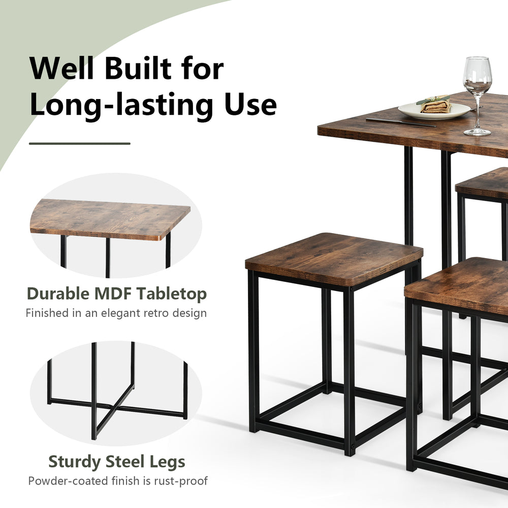 Compact dining set featuring a walnut MDF tabletop and sturdy metal frame, ideal for apartments and cafes.