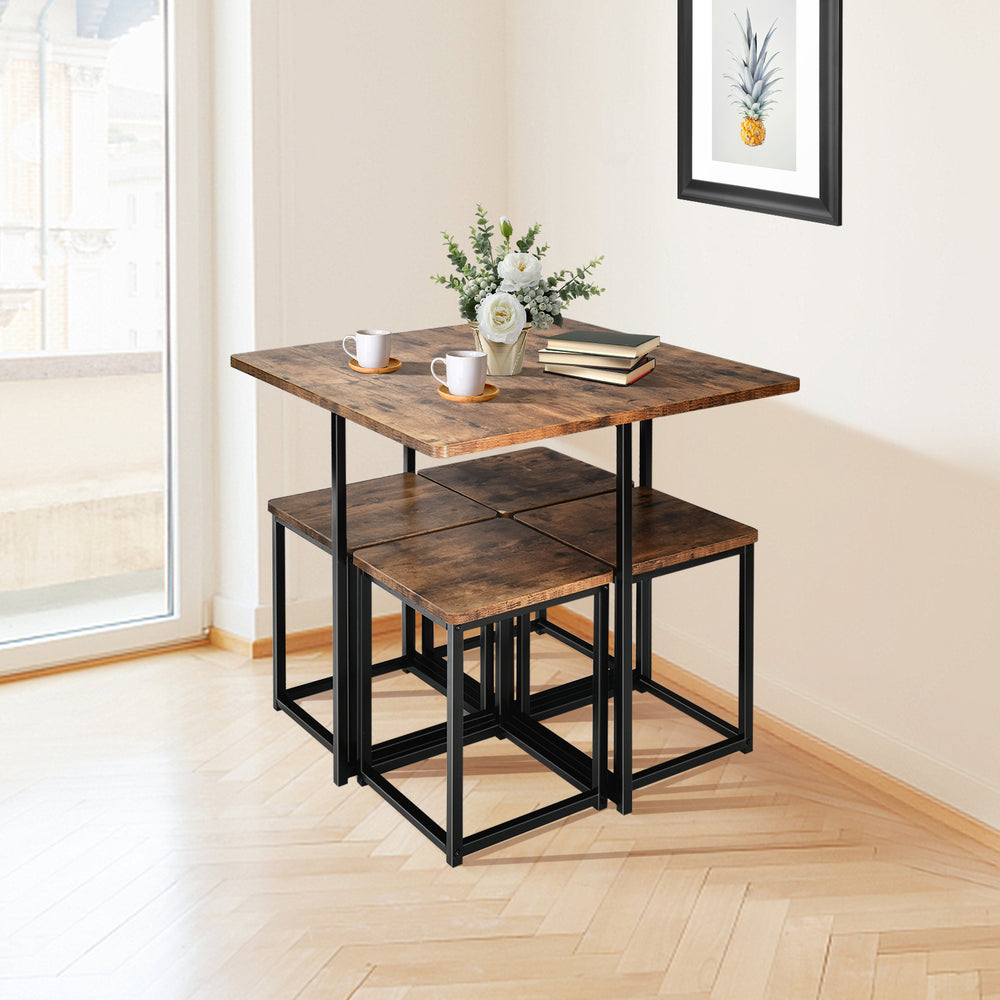 5 Pieces Metal Frame Dining Set with Compact Dining Table and 4 Stools-Walnut - Gallery View 1 of 10