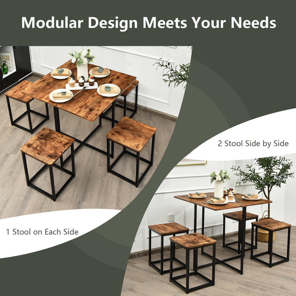 5-piece metal frame dining set featuring a walnut table and 4 stools, ideal for compact spaces like apartments and.