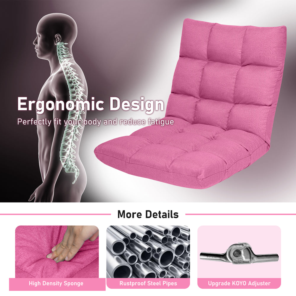 14-position adjustable pink gaming sofa with high resilience sponge and ergonomic design for comfort in any setting.