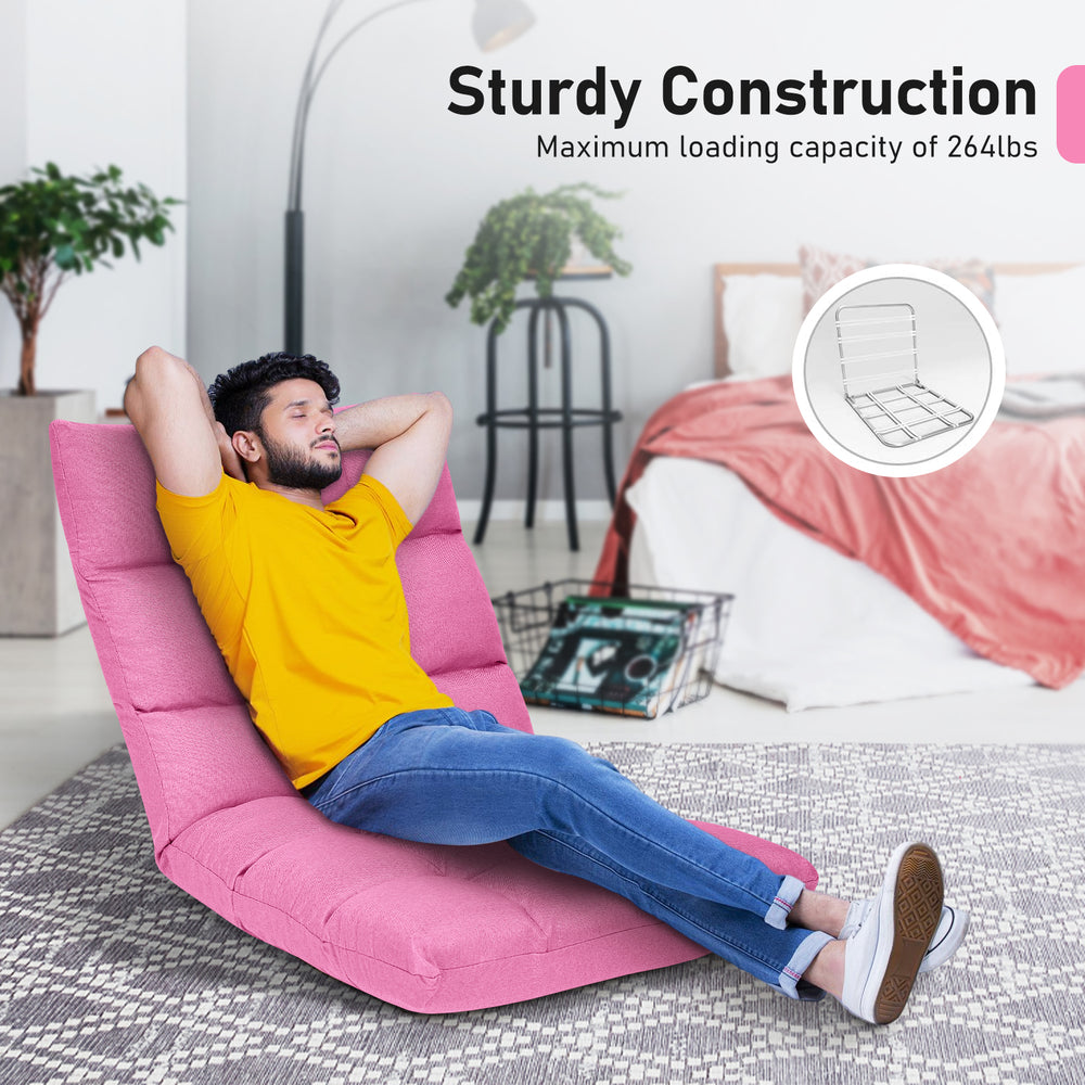 Adjustable pink gaming sofa with 14 positions, breathable fabric, and sturdy steel frame for comfort in any room.