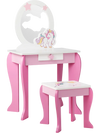 Kids wooden dressing table and chair set in pink, showcasing a cute unicorn design on the stool for imaginative play.