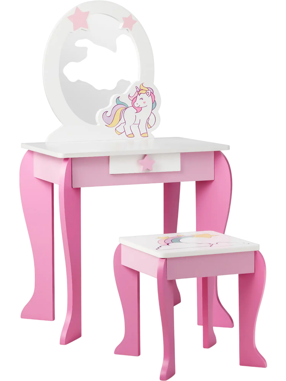 Kids wooden dressing table and chair set in pink, showcasing a cute unicorn design on the stool for imaginative play.