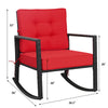 Red cushion patio rattan rocking chair with sturdy metal frame, ideal for outdoor relaxation in garden or backyard.