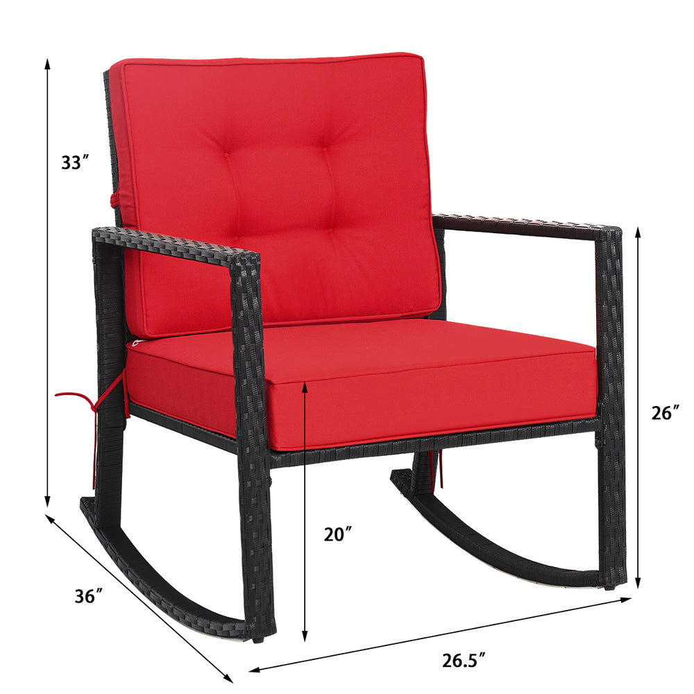 Red cushion patio rattan rocking chair with sturdy metal frame, ideal for outdoor relaxation in garden or backyard.