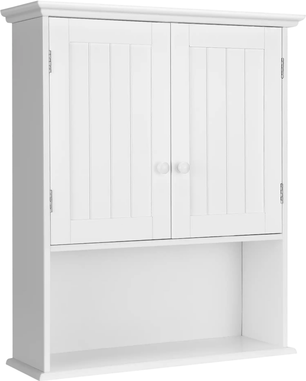 White 2-door wall mount bathroom storage cabinet with open shelf, made of durable MDF, ideal for space-saving.