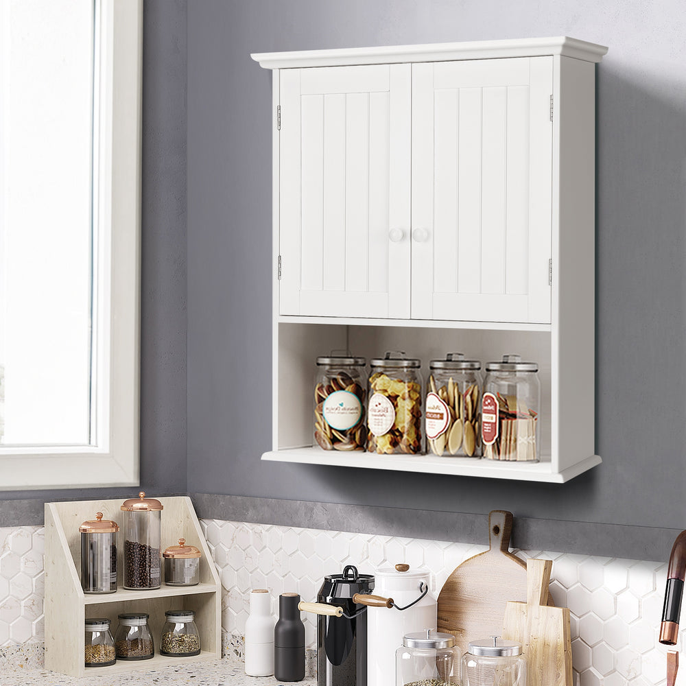 2-door wall-mounted bathroom storage cabinet in white with adjustable shelves and open shelf for convenient.