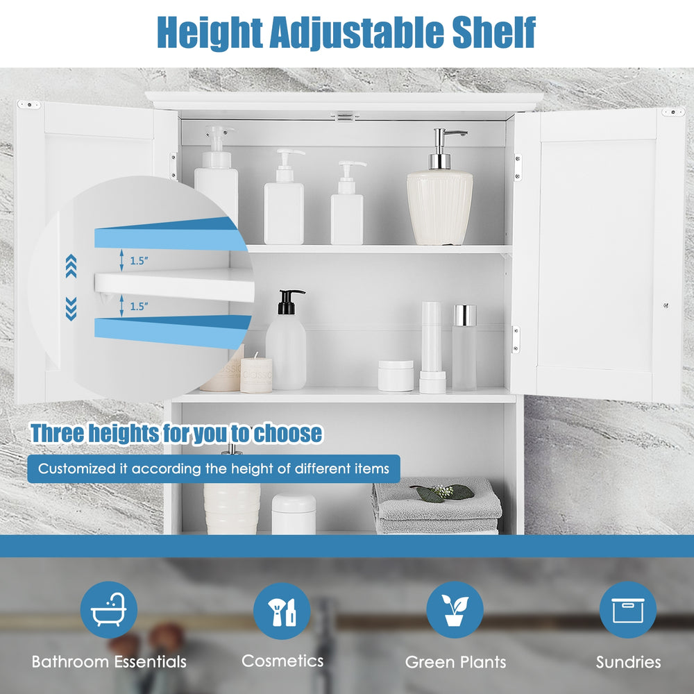 Height adjustable shelves of a white 2-door wall mount bathroom storage cabinet for versatile organization.