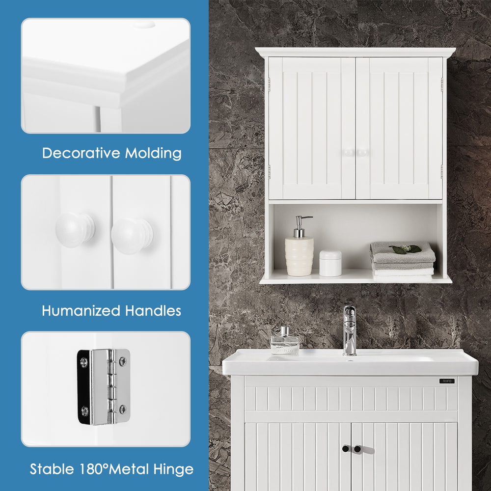 2-door wall mount bathroom storage cabinet in white with open shelf, featuring adjustable shelves and durable MDF.