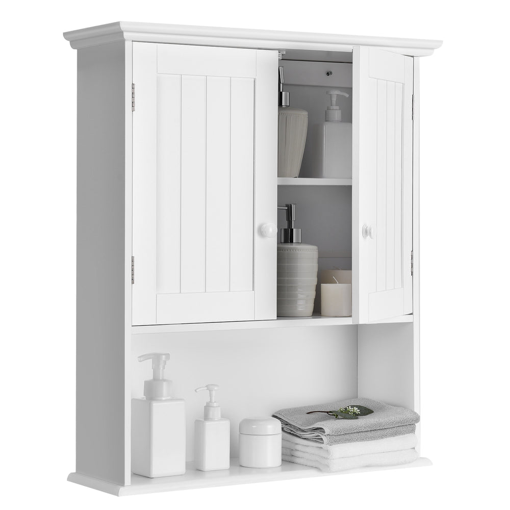 White 2-door wall-mounted bathroom storage cabinet with adjustable shelves and open shelf for versatile organization.