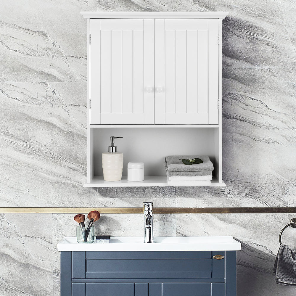 White 2-door wall-mounted bathroom storage cabinet with open shelf, made of durable MDF, ideal for organizing.