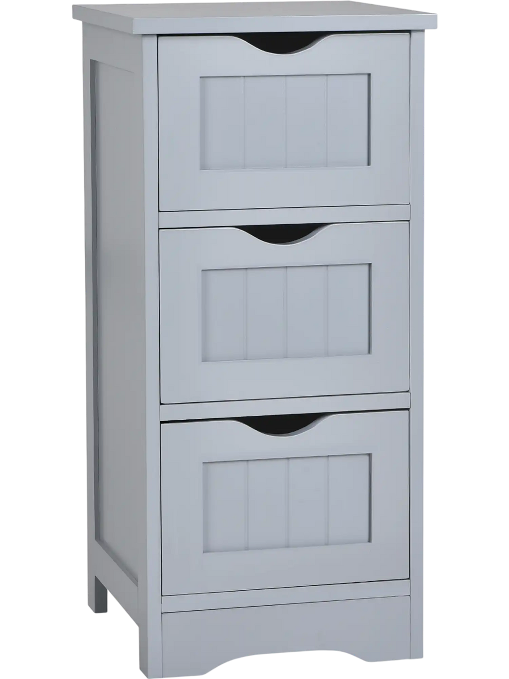 Freestanding gray bathroom storage organizer with 3 drawers, compact design for small spaces, made of durable MDF.