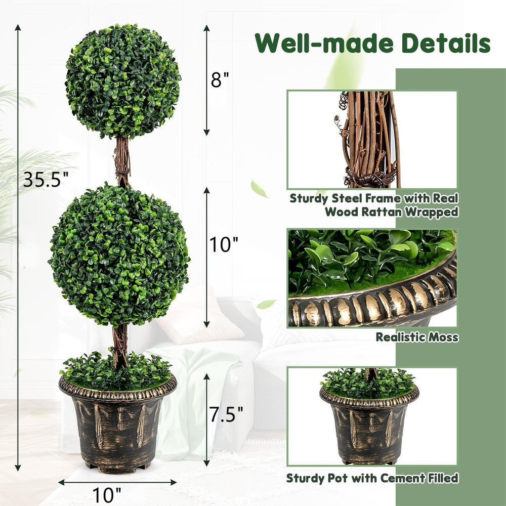 Artificial double ball tree with UV protection, 36 inches tall, featuring a sturdy cement-filled pot for indoor and.