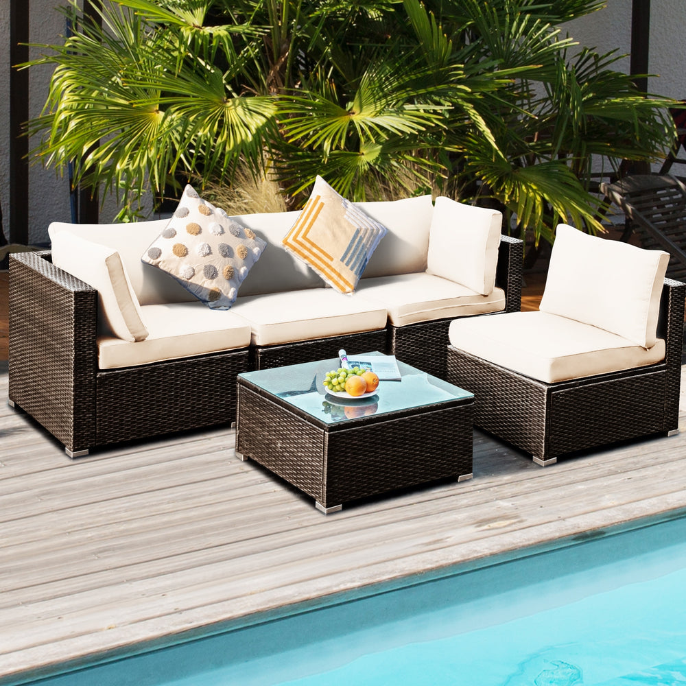 5 Pieces Cushioned Patio Rattan Furniture Set with Glass Table-White - Gallery View 1 of 12