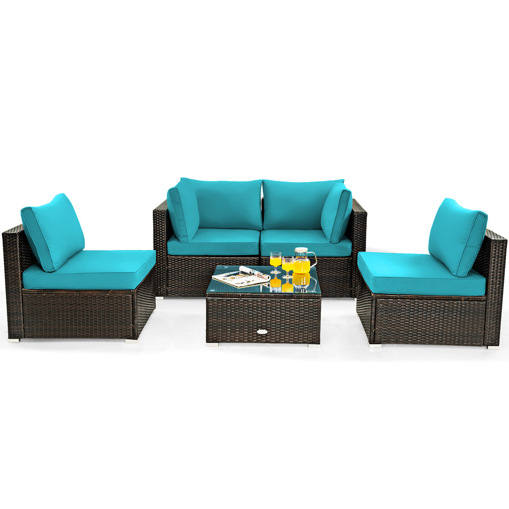 5-piece cushioned patio rattan furniture set in turquoise with a glass table, ideal for outdoor relaxation and stylish.