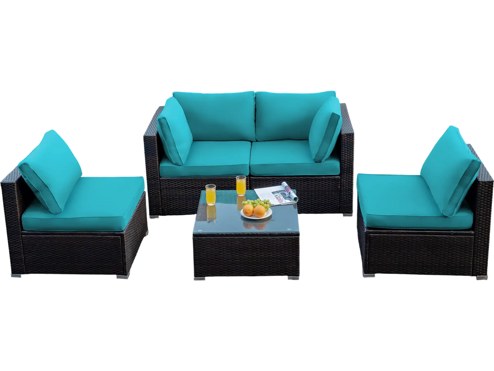 5-piece cushioned patio rattan furniture set in turquoise with a glass table, ideal for outdoor relaxation.