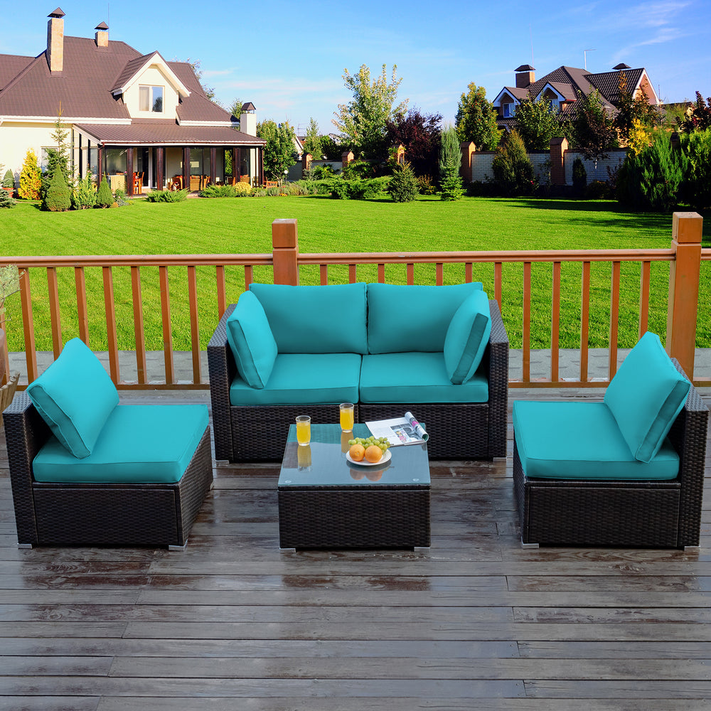 5 Pieces Cushioned Patio Rattan Furniture Set with Glass Table-Turquoise - Gallery View 1 of 11