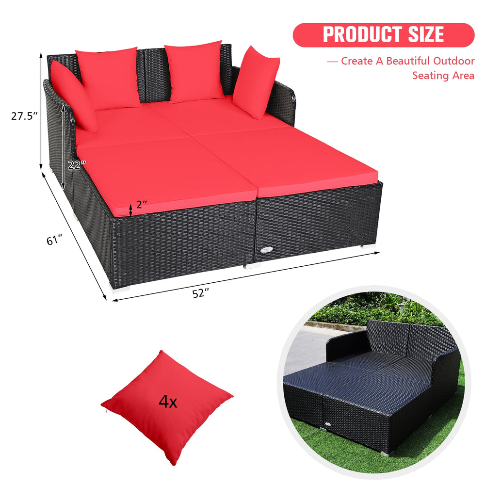 Spacious outdoor rattan daybed in red with four extra pillows, designed for comfort and relaxation in any outdoor.