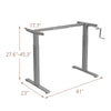 Height adjustable gray hand crank desk frame with dimensions 41" x 23", suitable for sitting or standing work positions.