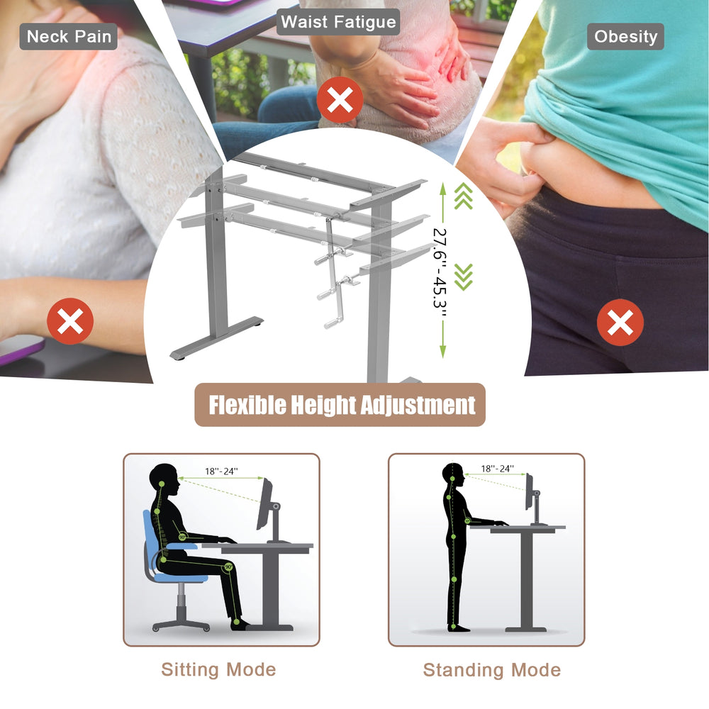 Height adjustable gray desk frame with hand crank for sitting or standing use, featuring cable management and sturdy.