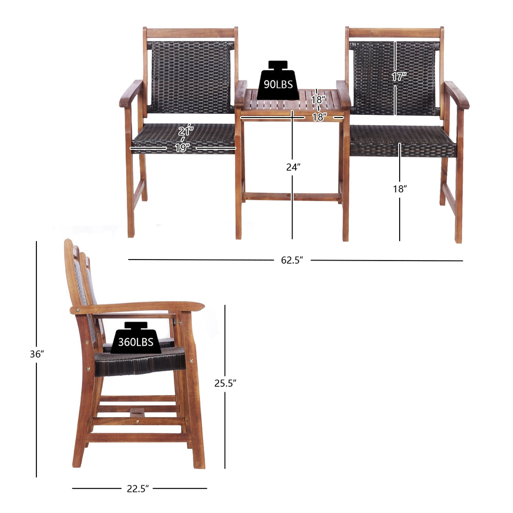 2-seat patio rattan chair set with acacia wood, includes coffee table with umbrella hole, ideal for outdoor relaxation.