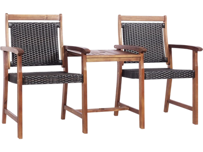 Costway 2-Seat Patio Rattan Acacia Wood Chair Coffee Table Set 02153874 New