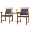 Two acacia wood chairs with rattan seats and a coffee table, perfect for outdoor patio relaxation.