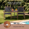 2-seat patio rattan chair set with acacia wood coffee table featuring a 2" parasol hole, perfect for outdoor relaxation.