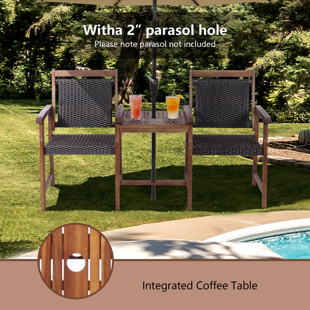 2-seat patio rattan chair set with acacia wood coffee table featuring a 2" parasol hole, perfect for outdoor relaxation.