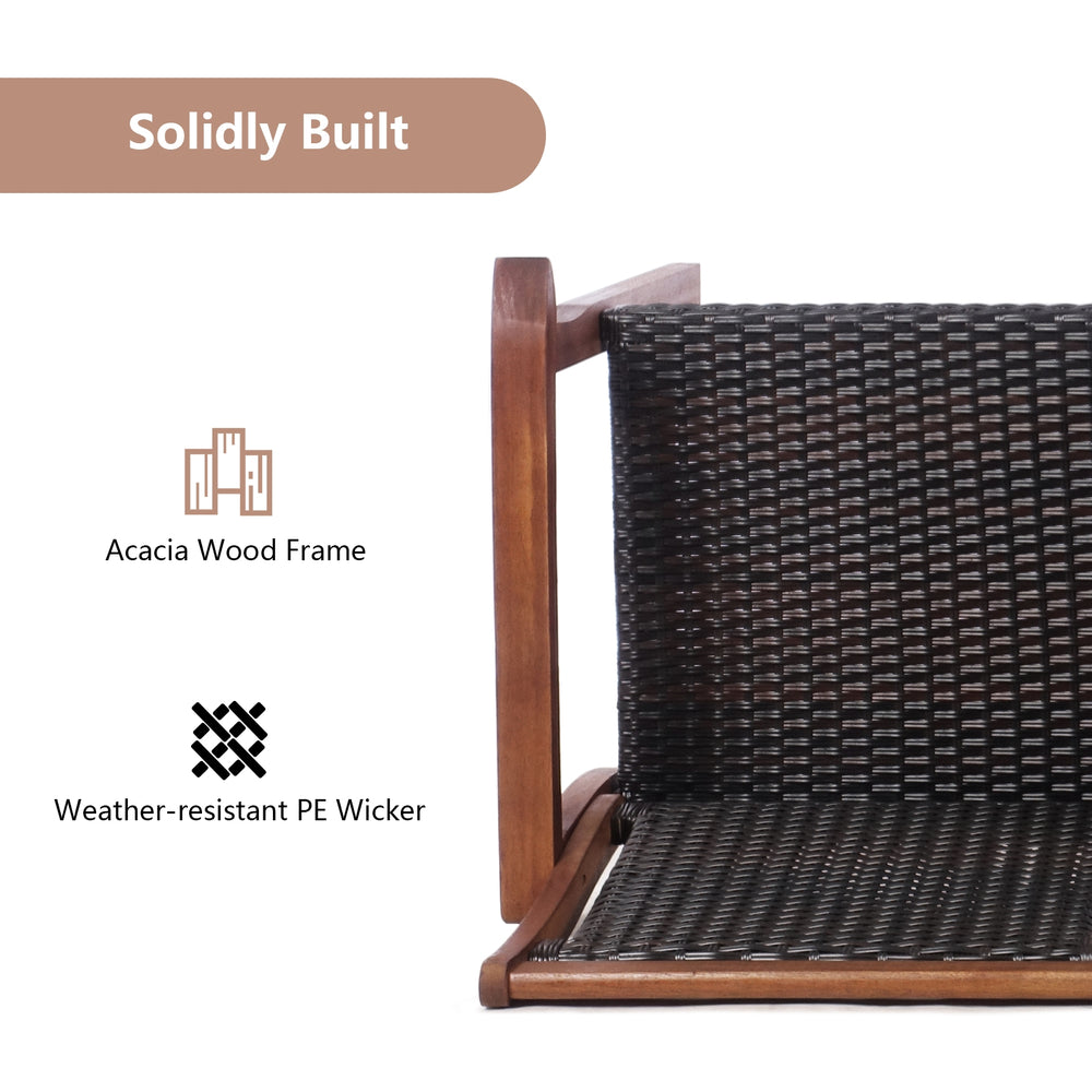 Close-up of the acacia wood frame and weather-resistant PE wicker of the 2-seat patio chair set for outdoor use.
