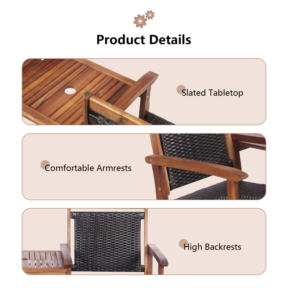Close-up of the slatted tabletop and comfortable armrests of the 2-seat patio rattan chair set for outdoor use.