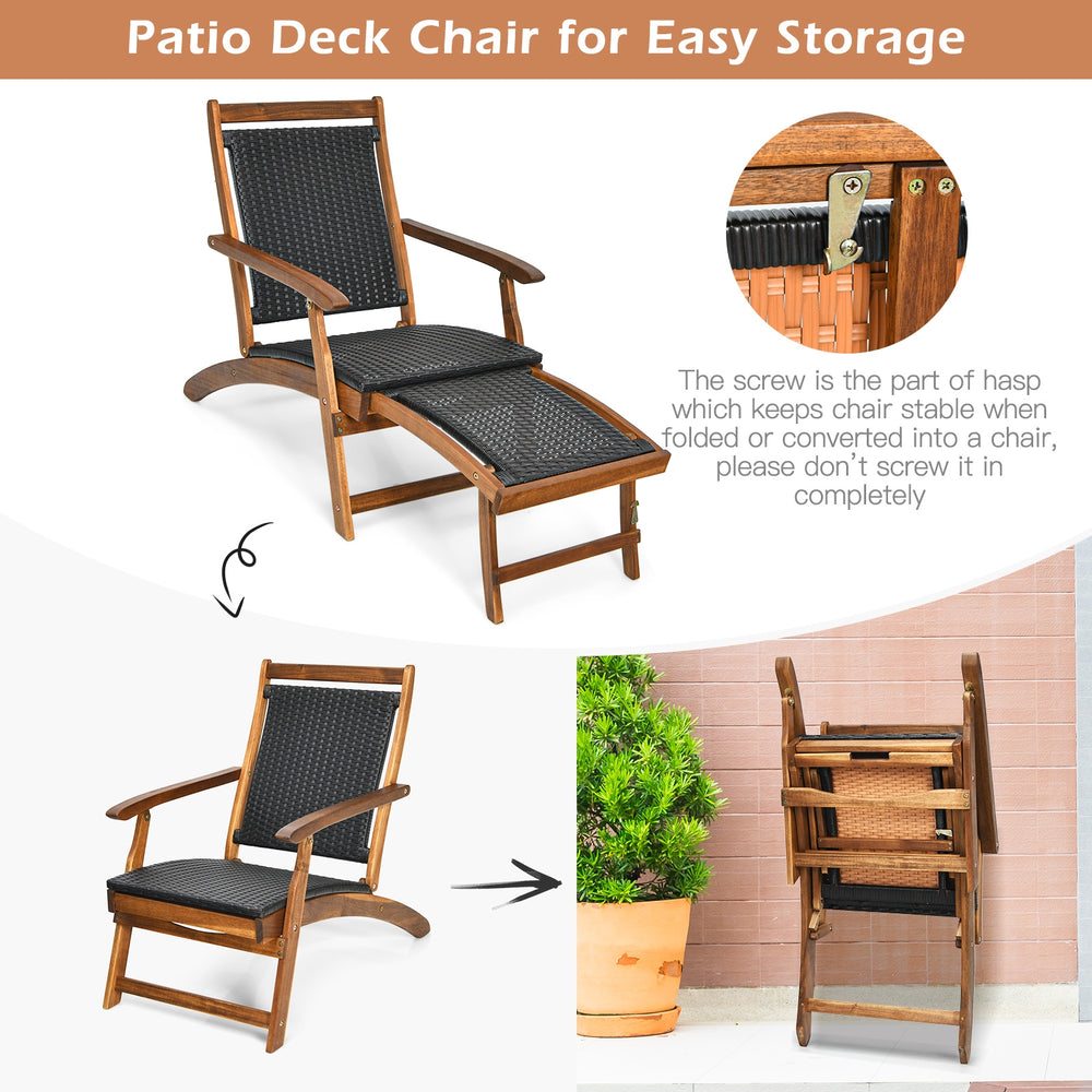 Patio Rattan Folding Lounge Chair with Acacia wood frame, featuring a retractable footrest for versatile outdoor.