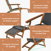 Patio rattan folding lounge chair with acacia wood frame, featuring ergonomic angle and retractable footrest for.