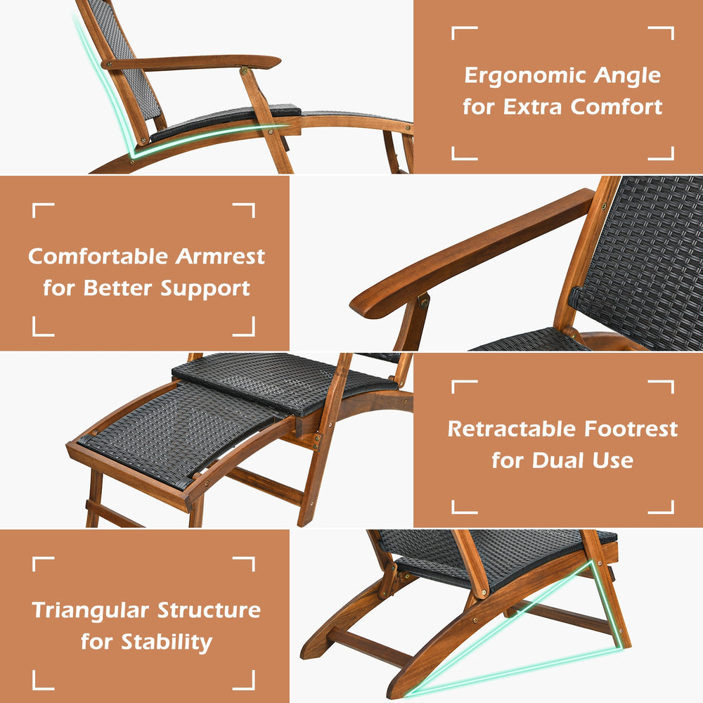 Patio rattan folding lounge chair with acacia wood frame, featuring ergonomic angle and retractable footrest for.