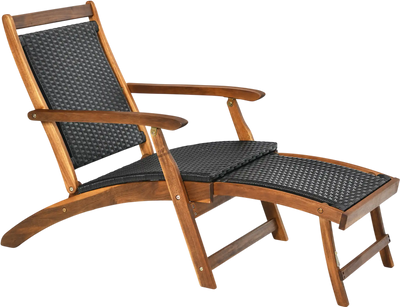 Costway Patio Rattan Folding Chaise Lounge Chair Acacia Wood Retractable Footrest 09537146 New