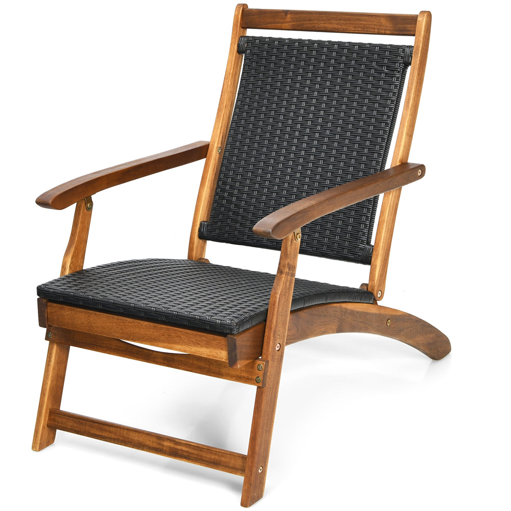 Folding lounge chair with acacia wood frame and PE rattan seat, ideal for patio and garden relaxation.