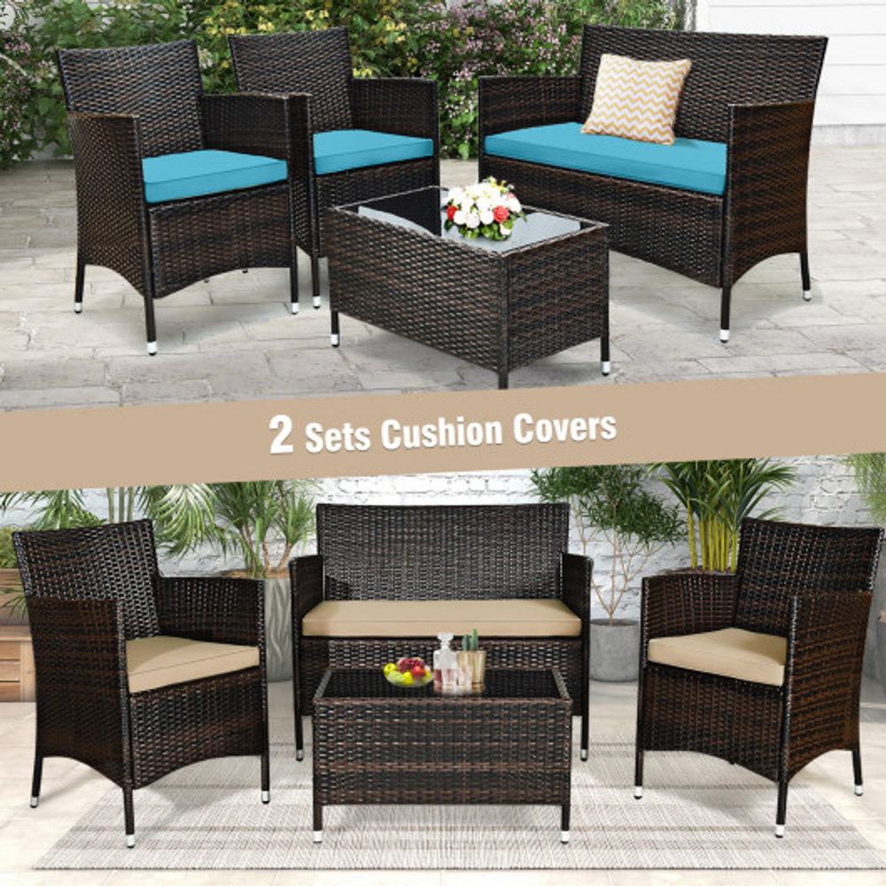 Costway 4 Piece Outdoor Rattan Sofa Set Glass Coffee Table New