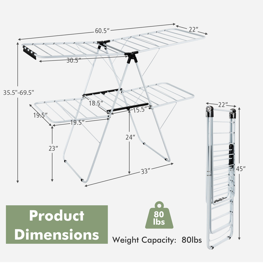 2-Tier foldable clothes drying rack with adjustable gullwing, durable steel, 80 lbs capacity, ideal for indoor and.
