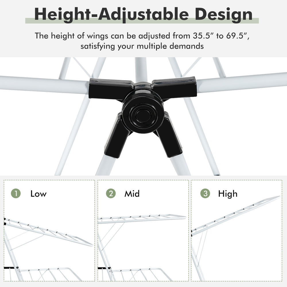Height-adjustable design of the 2-tier foldable clothes drying rack, showcasing low, mid, and high settings for.