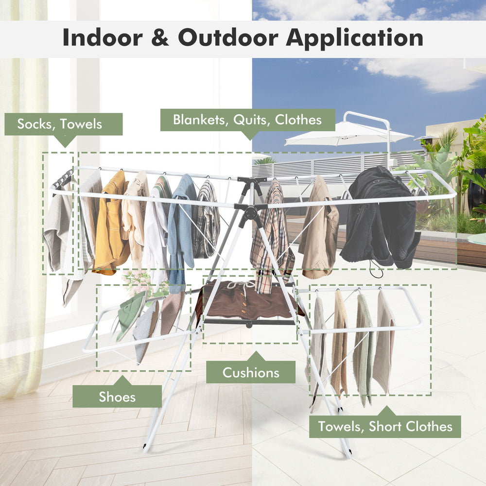 2-tier foldable clothes drying rack with adjustable gullwing, ideal for indoor and outdoor use, drying various items.