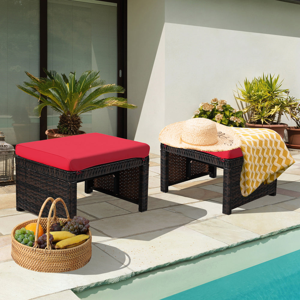 2 Pieces Patio Rattan Ottomans with Soft Cushion for Patio and Garden-Red - Gallery View 1 of 11