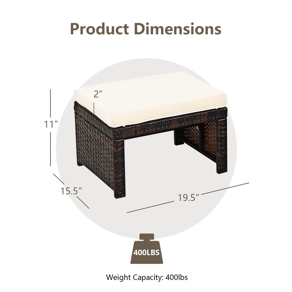 Patio rattan ottoman with soft cushion, dimensions 19.5" x 15.5" x 11", suitable for outdoor use and maximum comfort.