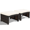 Two patio rattan ottomans with soft cushions, weather-resistant PE rattan, ideal for outdoor use and comfort.