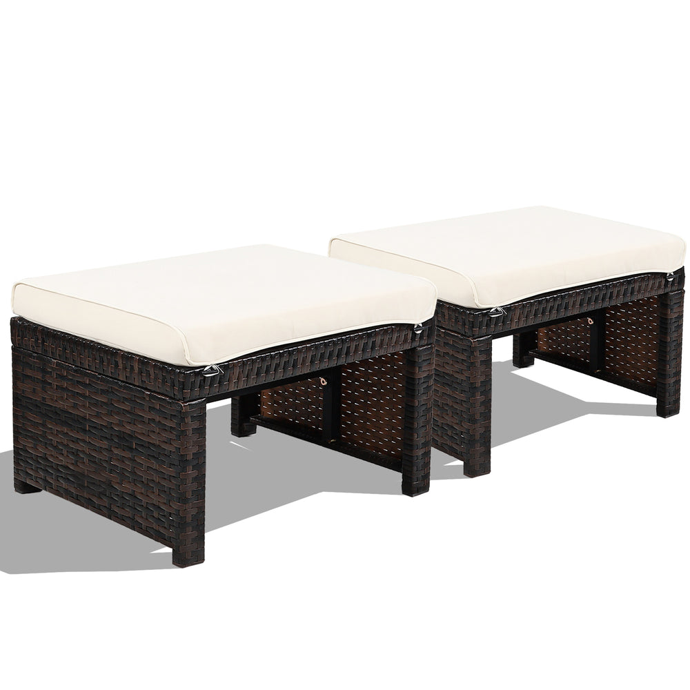 Two patio rattan ottomans with soft cushions, weather-resistant PE rattan, ideal for outdoor use and comfort.