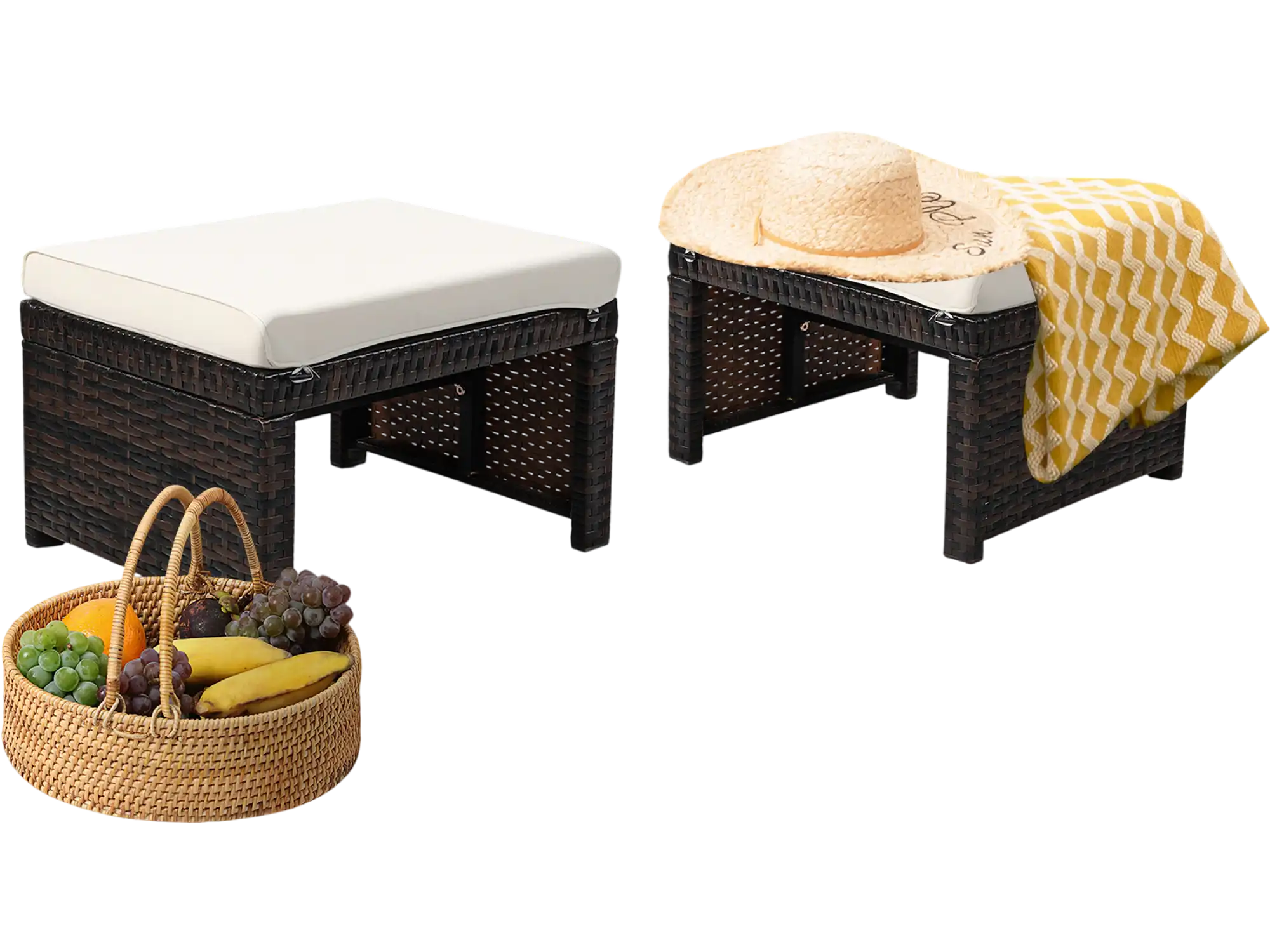 Costway 2-Piece Patio Rattan Ottomans w/ Cushions White 46187029 New