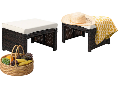 Costway 2-Piece Patio Rattan Ottomans w/ Cushions White 46187029 New