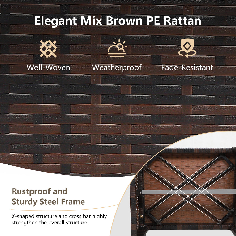 Close-up of elegant mix brown PE rattan texture, showcasing weatherproof material for outdoor patio ottomans.