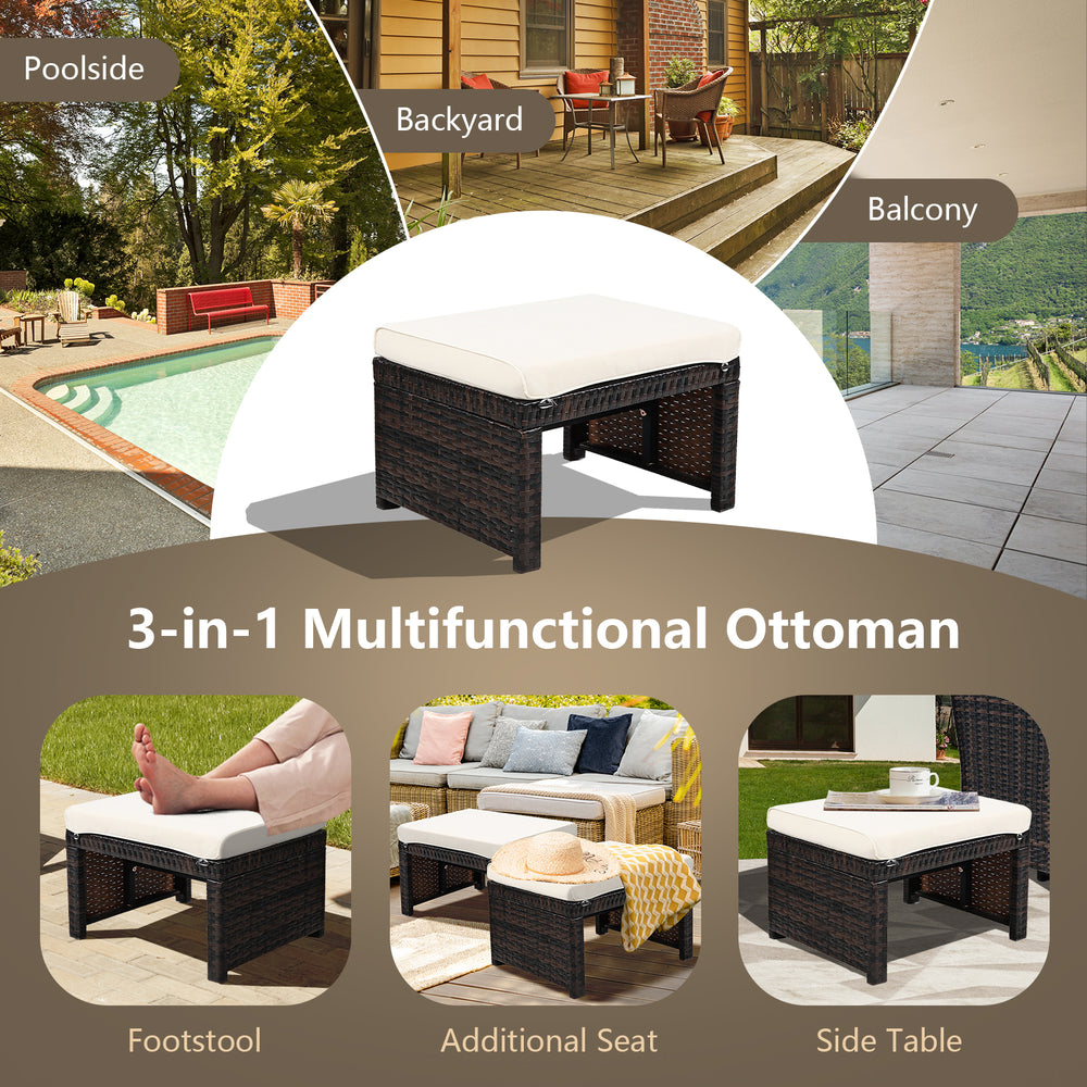 Multifunctional patio ottoman with soft cushion, made of weather-resistant PE rattan, ideal for outdoor use.
